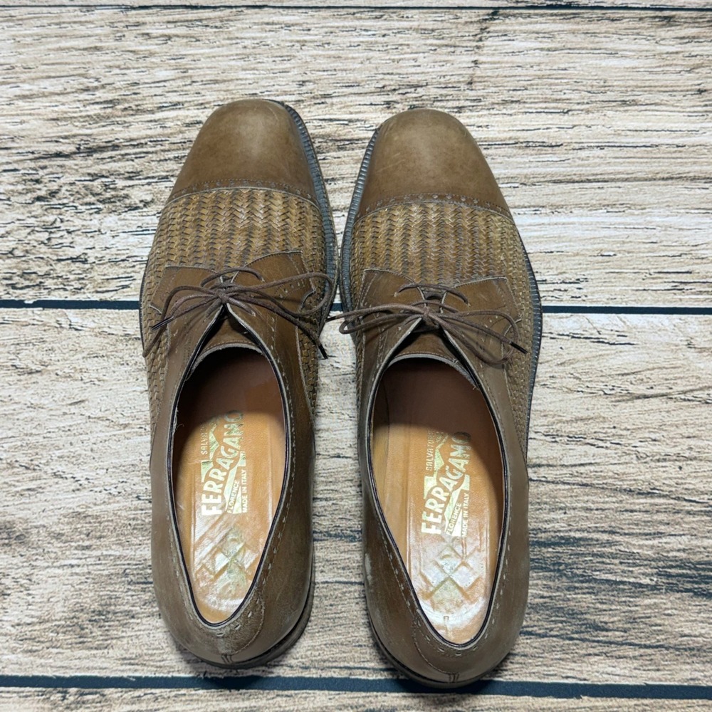 Salvatore Ferragamo Oxford Dress Shoes Mens 13 B Brown Woven Leather Italy 9555 - Picture 3 of 10